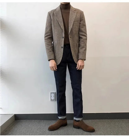 Autumn and Winter Casual Men's Retro Tweed Houndstooth Suit Men's Plus Size Outwear British Gentleman Wool Suit Trendy