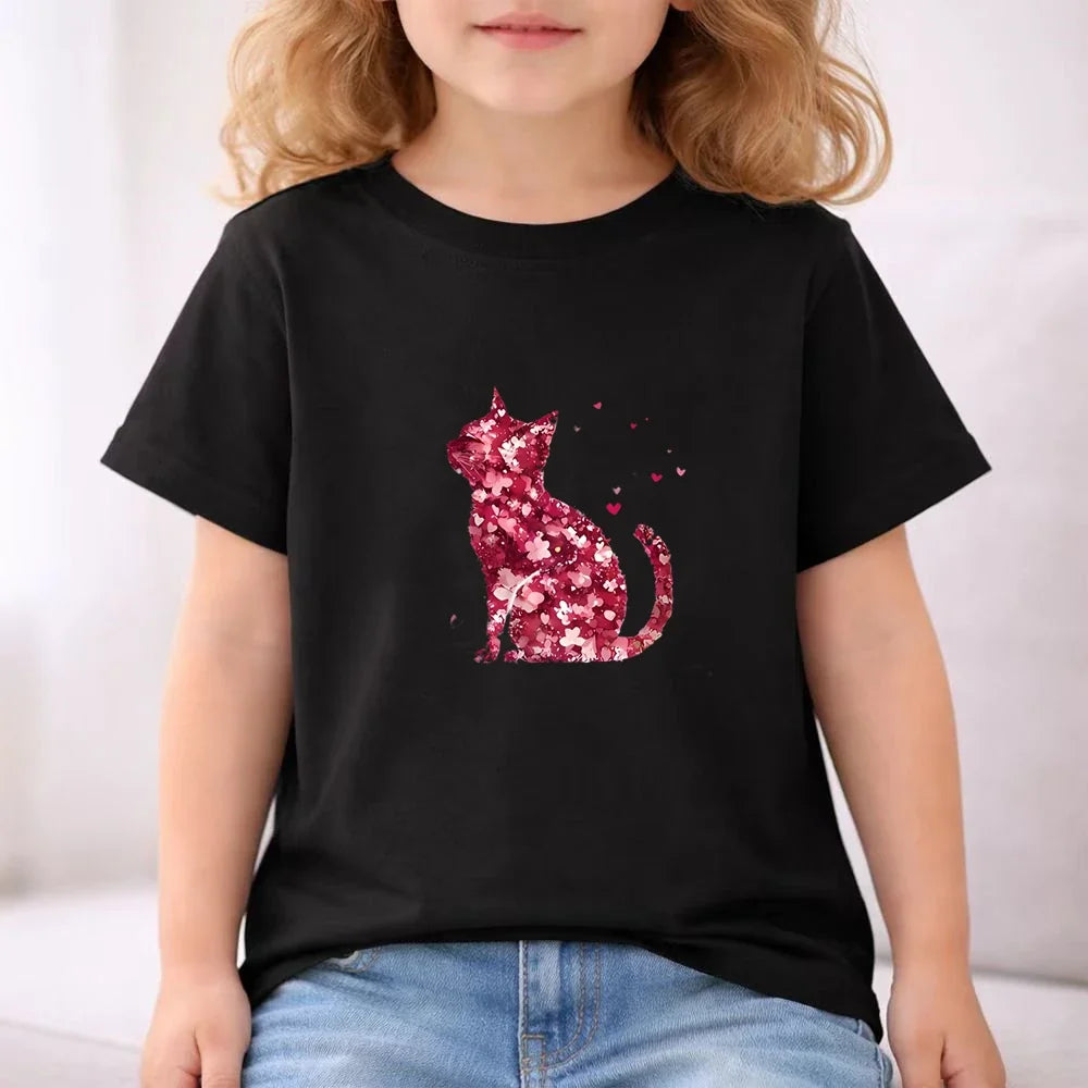 Summer Age 3-12 Girls boy cool breathable Tshirt Children T-shirt+bottom wear Set black 2pcs leisure Kids Set cat Print