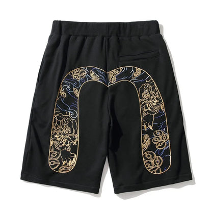 Men Embroidery Denim Shorts Black Hiphop Jeans Pants Cherry Blossom Dragon Totem Washed Zipper Cotton Summer cherry blossoms 024