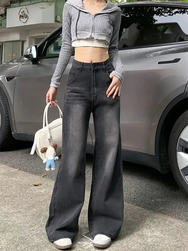 Casual High Waist Jeans Denim Loose Fit Personality Vintage Black Gray Straight Leg Wide Leg Trousers Women Women's pants