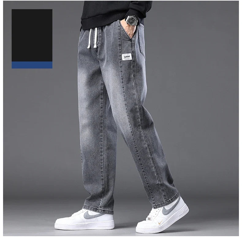 Autumn Winter Blue Jeans Men Drawstring Elastic Waist Cotton Cargo Denim Pants Work Fashion Thick Trousers Male Plus Size M-4XL