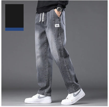 Autumn Winter Blue Jeans Men Drawstring Elastic Waist Cotton Cargo Denim Pants Work Fashion Thick Trousers Male Plus Size M-4XL