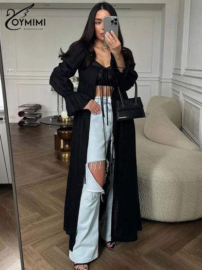 Fashion Black Lace-Up Dresses 2025 Woman Elegant Square Neck Long Sleeve Dresses Casual High Waisted Ankle-Length Dress