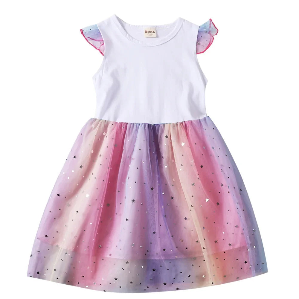 K-Pop Hunters Rumi Baby Girls Dress Children Cartoon Mesh Star Sequins Princess Dress Kids Flying Sleeve Skirt For Birthday Gift