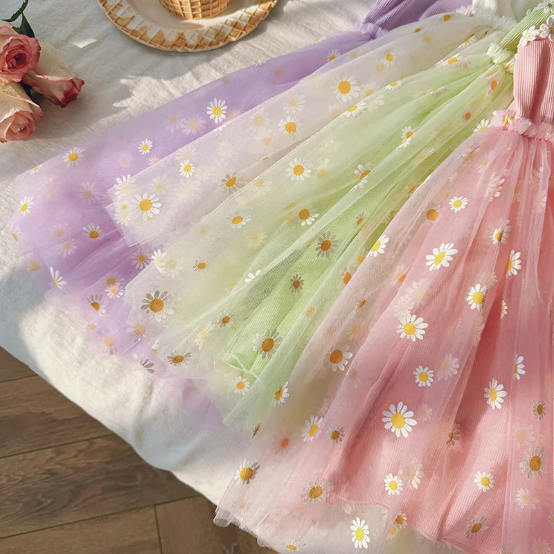Girls Casual Dresses Little Daisy Flower Mesh Dress for Girls Summer Camisole Pompadour Dress Girls Clothes for2 To 7 Years