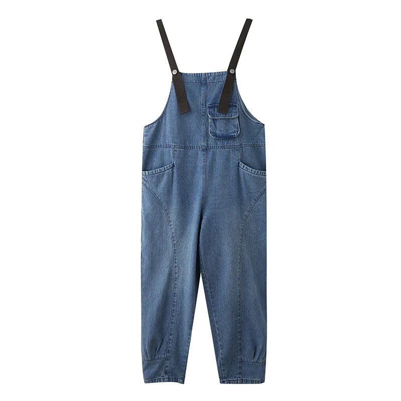 Loose Women's Denim Overalls Faionable Spring Summer High Waist Long Pants Thermal Properties Deep Color Korean Sle