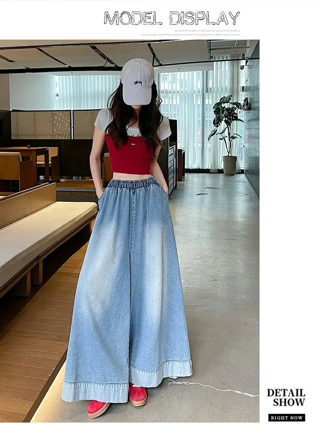 Casual High Waist Wide Leg Jeans Women's Loose Fit Summer Faion plus Size American Sle Cuffed Casual Denim Skirt Pants