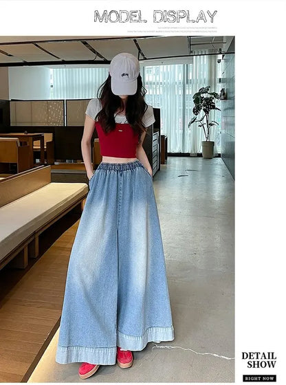 Casual High Waist Wide Leg Jeans Women's Loose Fit Summer Faion plus Size American Sle Cuffed Casual Denim Skirt Pants
