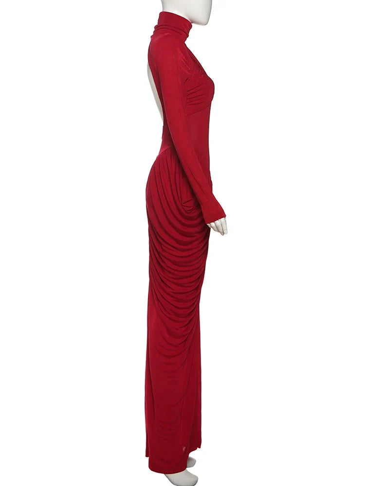 Autumn New Style Maxi Dress Women Turtleneck Full Sleeve Backless Skinny Stretch  Prom Party Ruched Elegant Vestidos