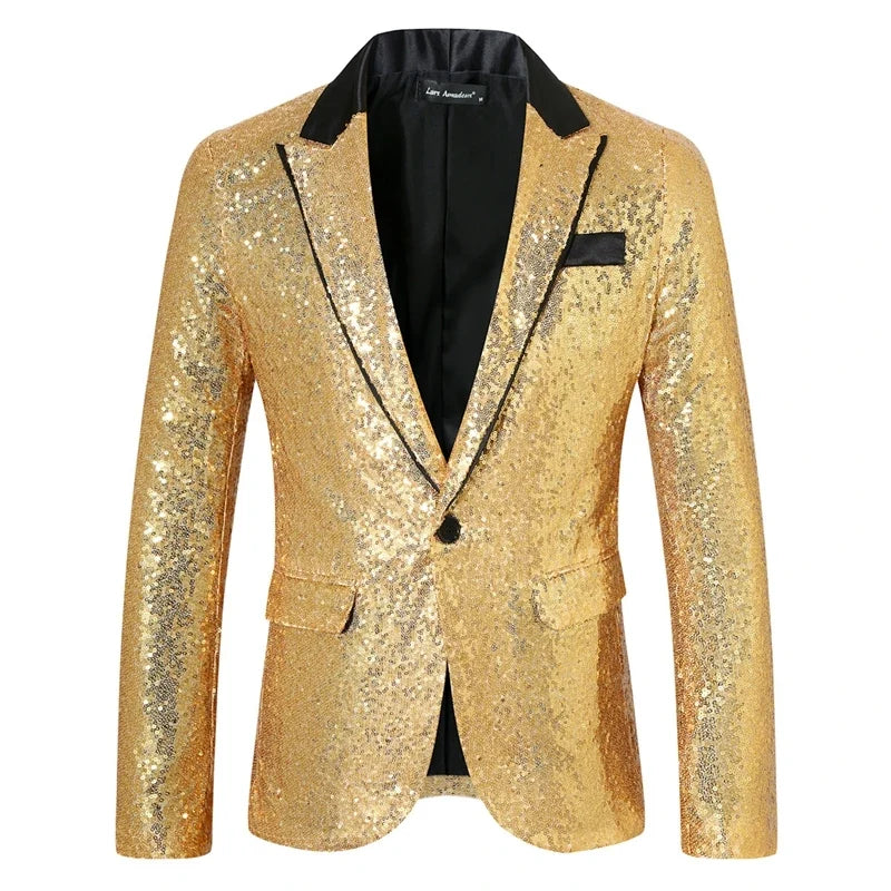 New Men Luxury Sequin Suit One Button Jacket Red / Black Fashion Singer Host Wedding Prom Party Stage Performance Dress Blazer
