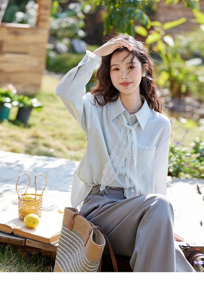 French Spring Blouses Women 2025 New Long Sleeve Turn-down Collar Loose Shirts Female Fashion Lace Casual Tops MXE16C0760