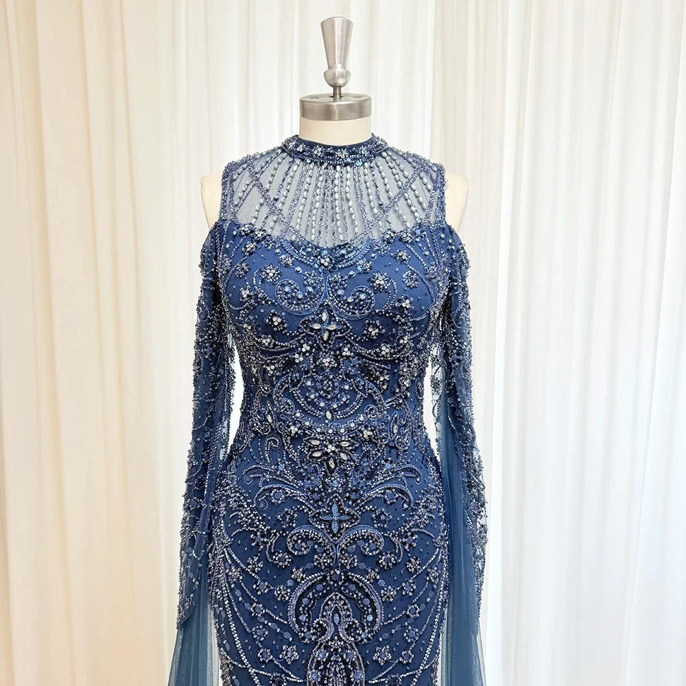 Luxury Beaded Evening Dress Cape Sleeve Dubai Sheer Neck Mermaid Formal Prom Wedding Party Gown Customized 2026