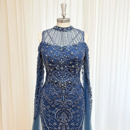 Luxury Beaded Evening Dress Cape Sleeve Dubai Sheer Neck Mermaid Formal Prom Wedding Party Gown Customized 2026