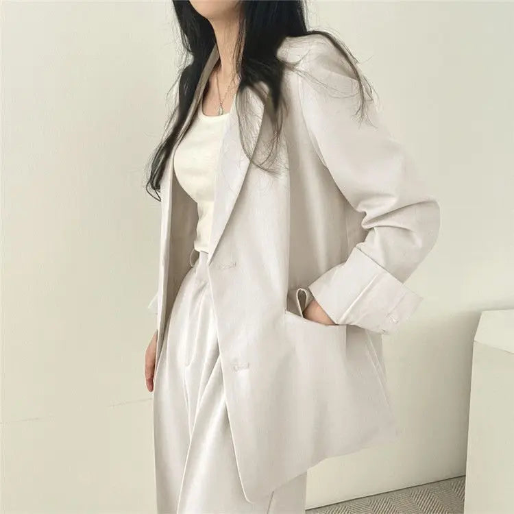 Casual Notch Lapel Suit Set with Button Thick Wide Leg Small Suit Pants High Waist Drape Polyester Business Lady Style Women