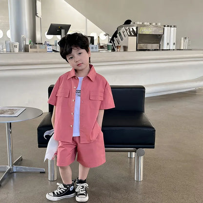 Summer Baby Boys Cotton Stylish Plain Pink Short Sleeve Shirt Top+Shorts Pant Set Kids 2PCS Suit Children Vacation Outfit 1-8Yr