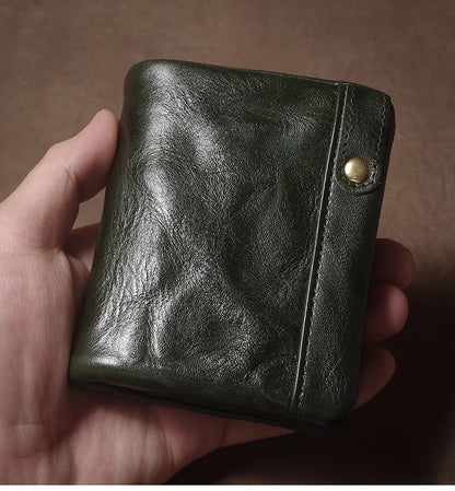 Retro Genuine Leather Short Wallet Men and Women Bifold Money Clip Credit Card Holder with Zipper Coin Pocket Small Purse