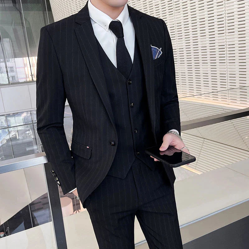 Winter Stripes Three-piece High-Grade Groom Wedding Suit with Vest And Trousers Business Fashion Handsome Casual Wedding Outfit