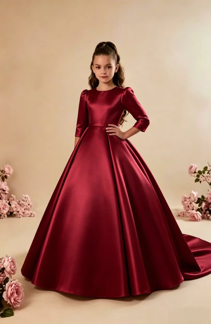 Custom Girls First Communion Dress 2025 New Long Sleeve Matte Satin A-Line Tail Evening Gown Girls Wedding Party Princess Dress