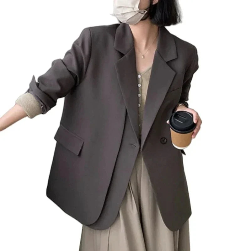 Spring Autumn Elegant Grey Women's Blazer Jacket 2025 New Long Sleeve Single Button Office Lady Loose Outwear for Women