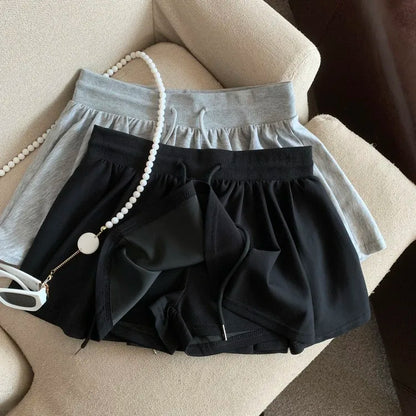 Summer Women Sports A Line Skirts for Women Summer High Waist Drawstring Solid Mini Skirts Female Sweet All Match Ballet Skirts