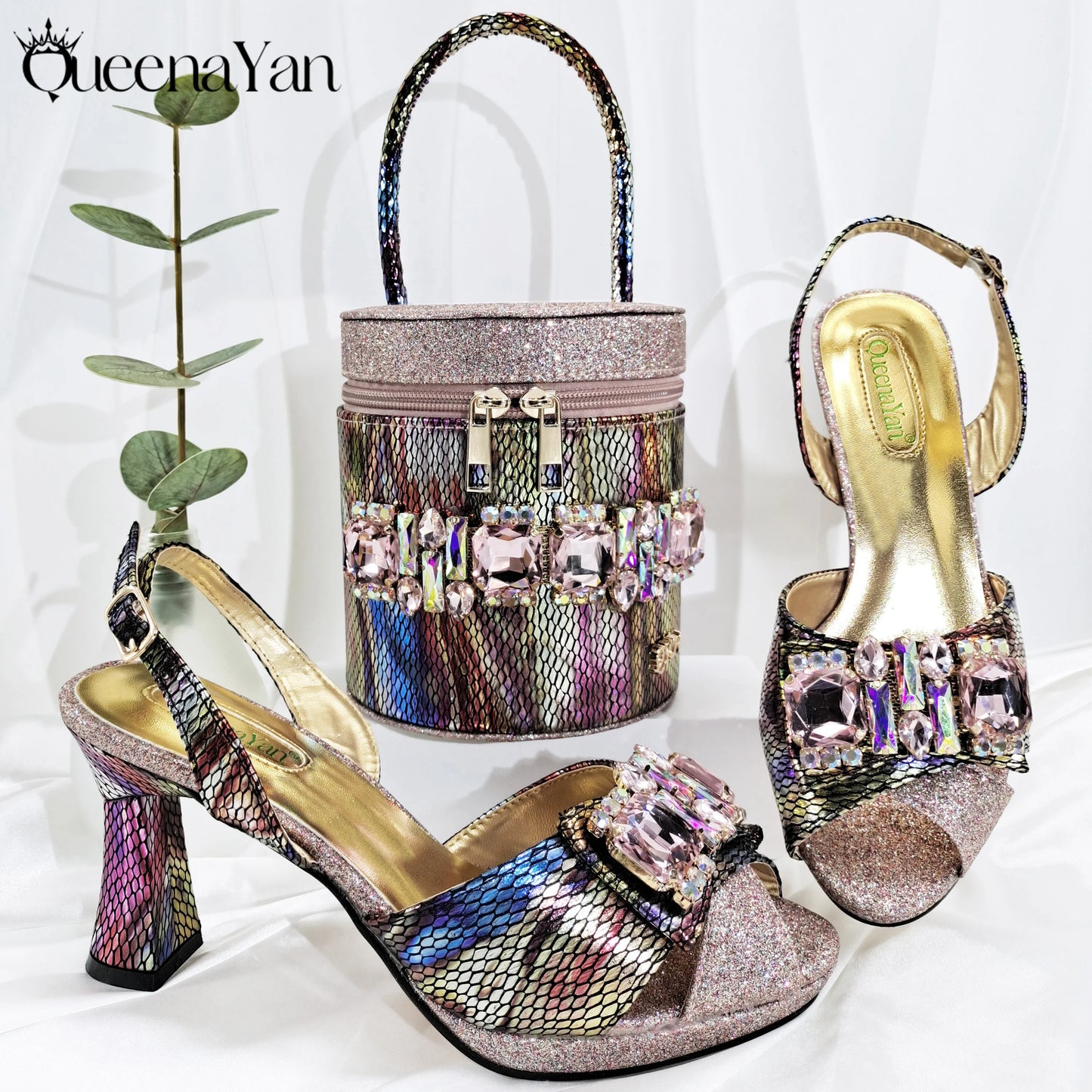 Nigerian-Inspired Rhinestone High Heels With Colourful Bucket Bag Fashionable Womens Footwear And Accessories Set