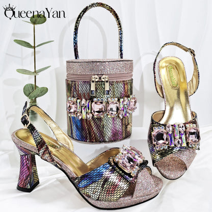 Nigerian-Inspired Rhinestone High Heels With Colourful Bucket Bag Fashionable Womens Footwear And Accessories Set