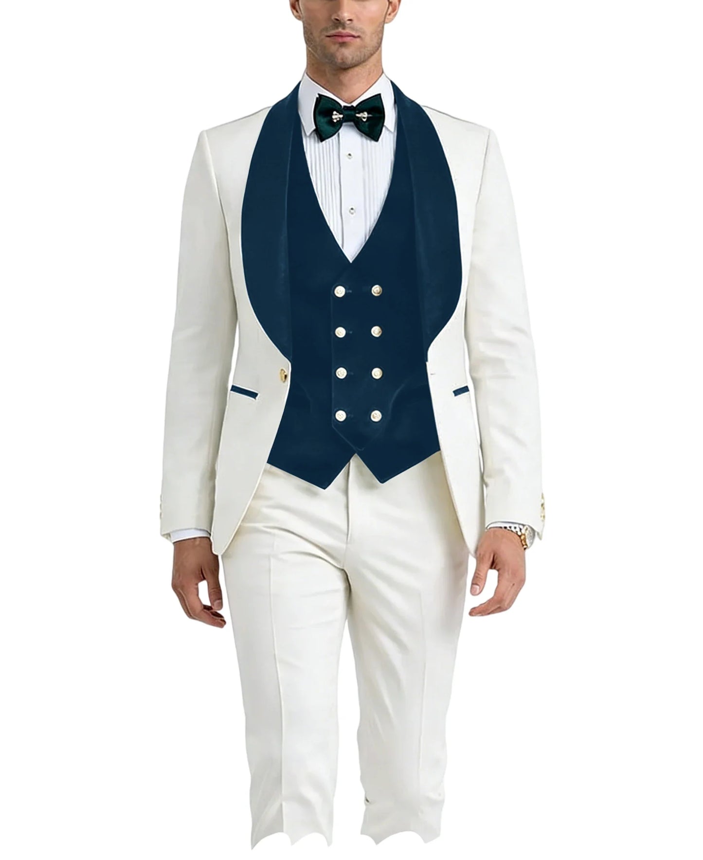 Men White Tuxedo Suit 3 Piece Shawl Lapel Slim Fit 1 Button Velvet Collar Patched Blazer Vest Pants Set for Wedding Party Groom