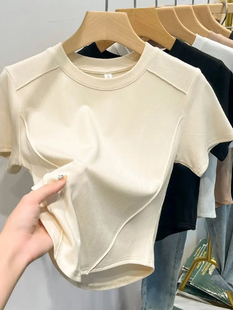 2026 Summer White T-shirt Cotton Female Short-sleeved Student Versatile Slim T-shirt Harajuku Crop Top Trend