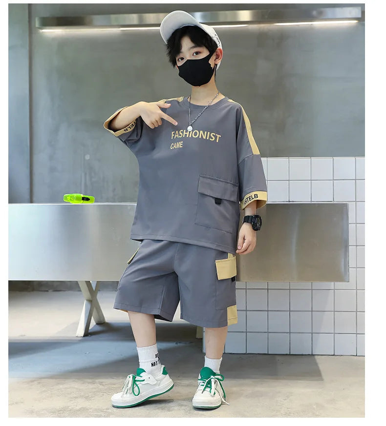 Summer Boys Patchwork Alphabet Half Sleeves T-Shirt Tops+Shorts Pant School Kids Tracksuit Child 2PCS Outfit Workout Set 5-16 Yr