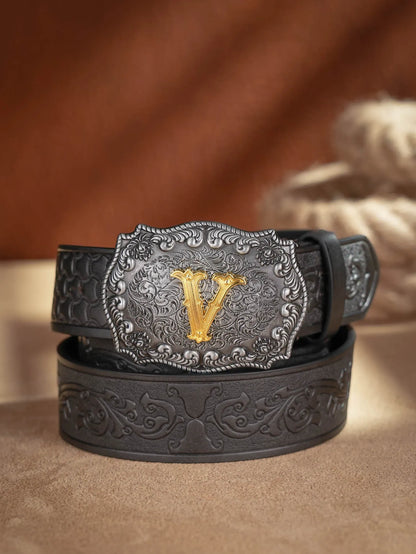 Western Cowboy PU Leather Belt - Men Waist Strap Bull Decoration Floral Engraved for Jeans