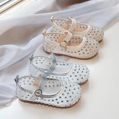 2026Summer Girl's Sandals Crystal Air Mesh Biege Sliver Luxury Kids Flat Shoes Beautiful Party Graceful Anti-skid Childern Shoes