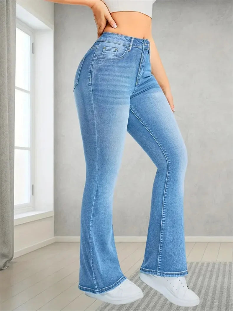 New Women Casual Micro Flares Jeans Fashion Pockets Button Splice Washed Denim Pants Streetwear Female Office Commuter Trousers