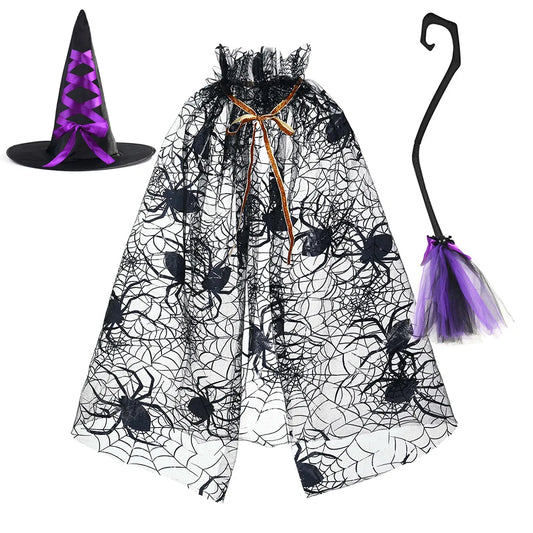 Halloween Witch Cloak Set Spider Web Sheer Mesh Cape Hat and Broom Set for Kids Boys Girls Appliques Feathers Animal