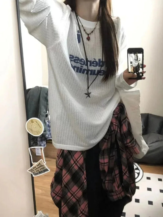 HOUZHOU Y2k Kpop Oversize Women T-shirts Hollow Out Harajuku Sexy Gyaru Streetwear Long Sleeve Knitted Top Korean Fashion Casual
