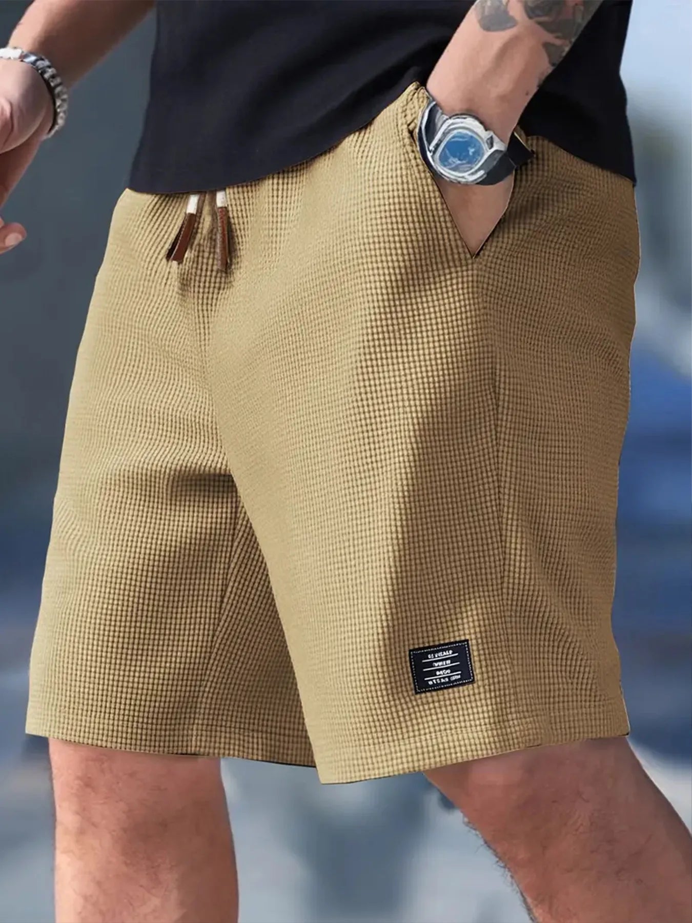 Men's Waffle Texture Shorts Summer Casual Sports Plus Size Loose Fit Knee-Length Shorts Male Oversized Streetwear Beach Pants