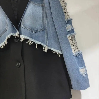 2026 Autumn Elegant Style Faux Two-piece Suit Jacket For Women Raw Edges Ripped Denim Patchwork Loose-fit Blazer 29A9124
