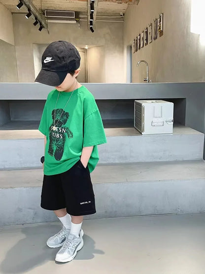 Summer Boys Cotton Cartoon Alphabet Short-Sleeved t-Shirt Tops+Short Pant Set School Kids Tracksuit Children 2PCS Outfit 3-16Yrs