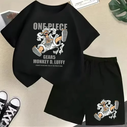 Summer New Cotton Kids T-Shirt Set Luffy Gear 5 One Piece Children Shorts Sport Casual School Outdoor Boys Tracksuit