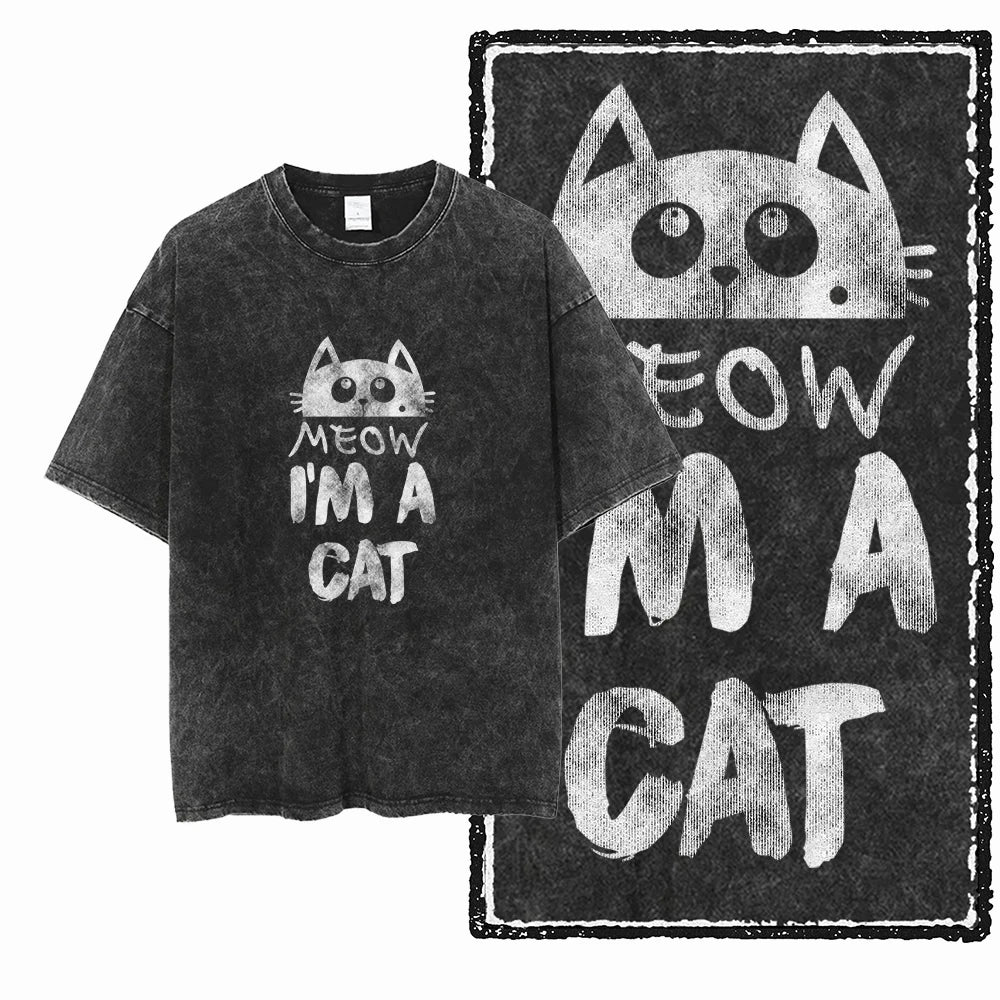 Cat Printed Cotton Acid Washed Exclusive Graphic Unisex T Shirt Cool Streetwear Men Tshirts Big Size Tee for Men