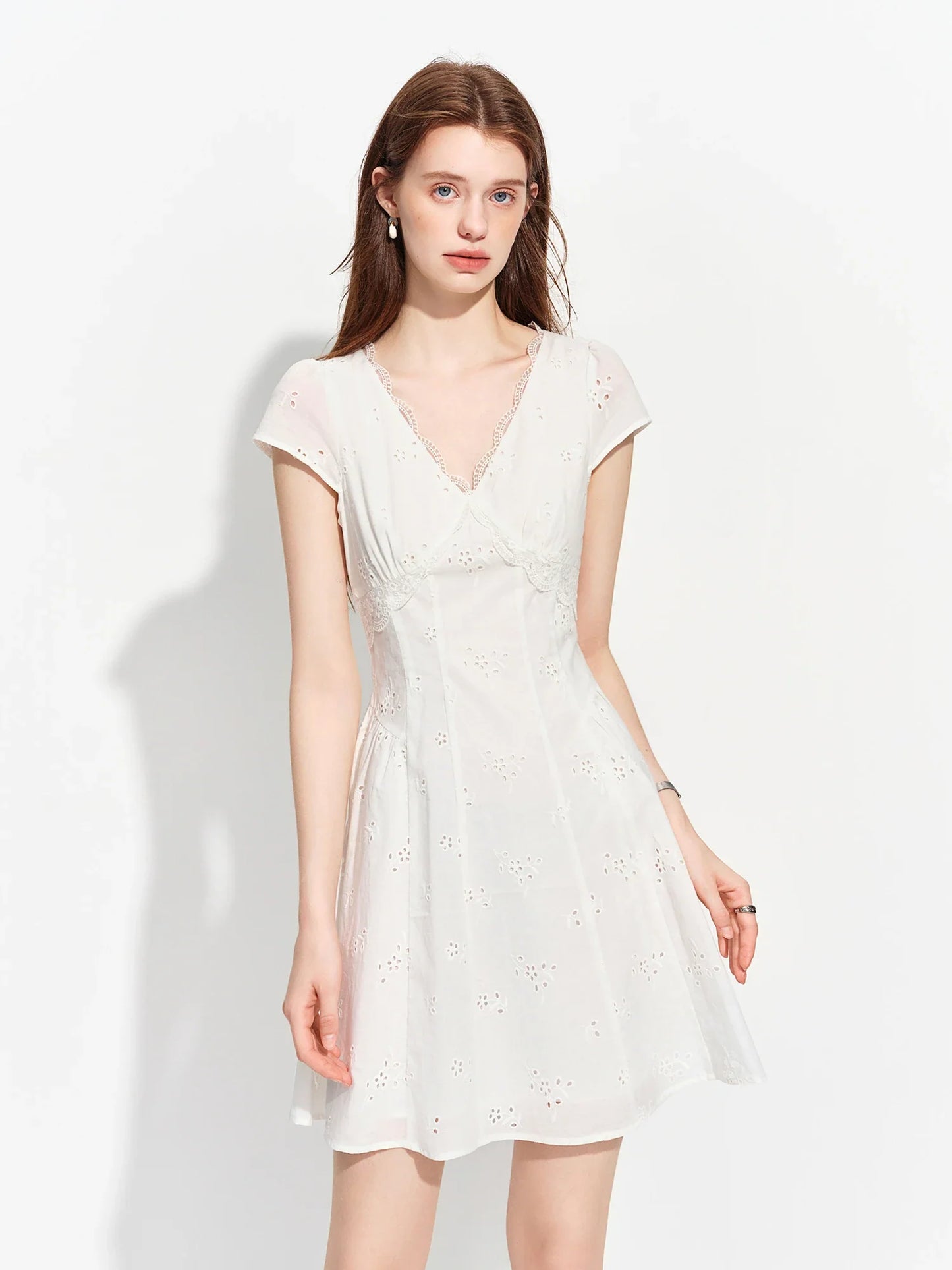 Women's 2026 Summer New Arrival French Pastoral Style V-Neck Lace Spliced Embroidered Dress Openwork Floral Plaid Pattern