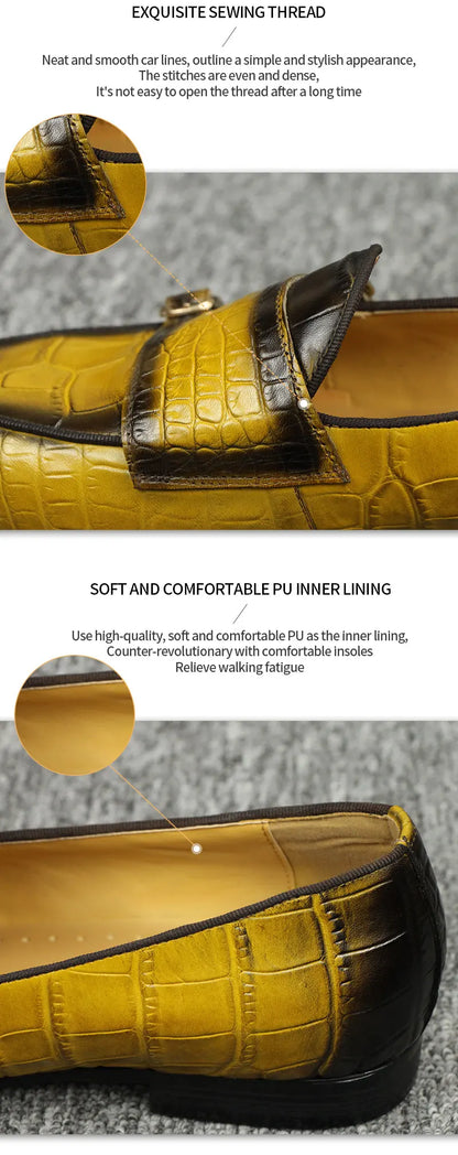 Men Loafers Double Monk Strap Slip on Fashion Casual Penny Footwear Business Wedding Evening Genuine Leather Crocodile Printing