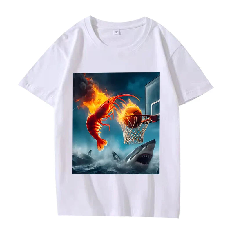 Shrimp Dunking on Shark Graphic Tee Retro Fishing Meme TShirt Women Short Sleeve Summer Tops Aesthetic Clothes Summer Streetwear