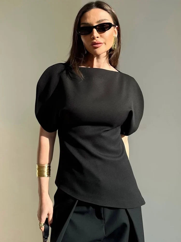 Spring Summer Women Casual Asymmetrical T-Shirts Fashion Solid Female O-Neck Short Puff Sleeve Blouse Lady Office Chic Tops