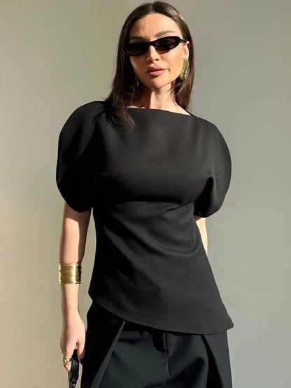 Spring Summer Women Casual Asymmetrical T-Shirts Fashion Solid Female O-Neck Short Puff Sleeve Blouse Lady Office Chic Tops