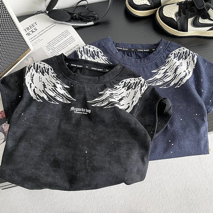 0-5Years New Baby Boy Fashion Cool Summer Clothes Suits Toddler Wings Printed T-shirt+Ripped Jeans 2pcs/sets Children Tracksuits