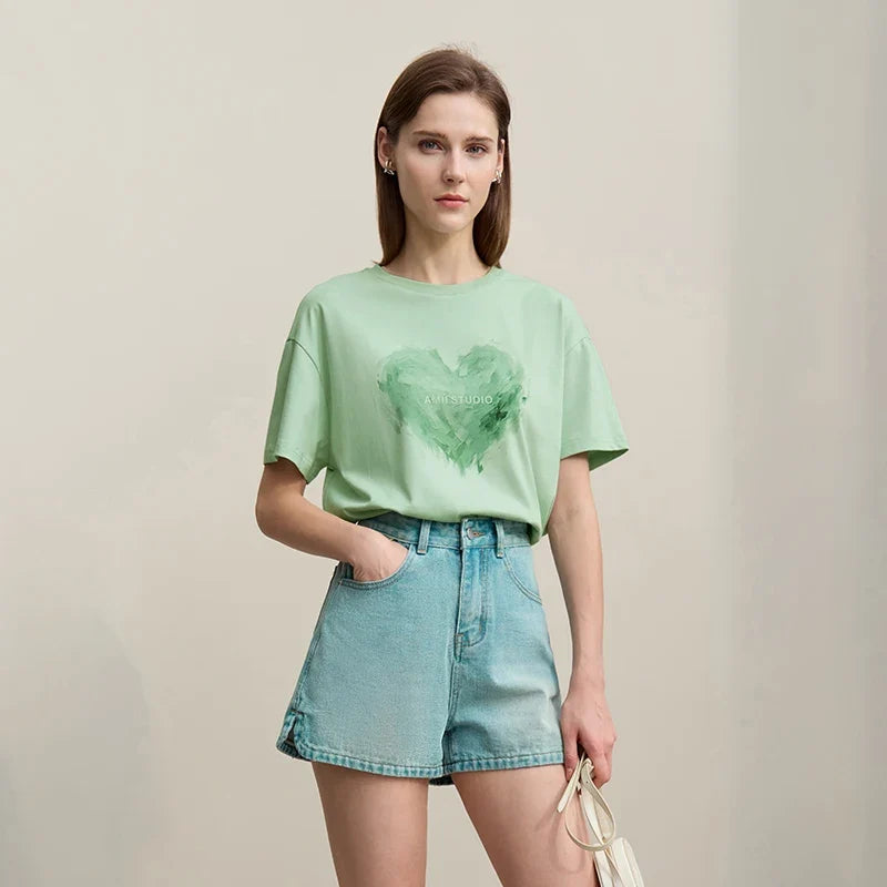Woman T-shirts 2026 Summer Anti-Bacterial Loose Fit Round Neck Tee Heart Print Cotton Casual Knit Short Sleeve Top 12622026