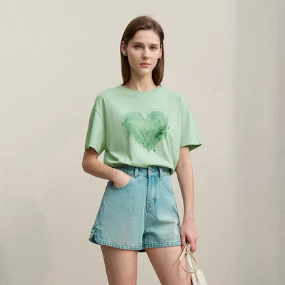 Woman T-shirts 2026 Summer Anti-Bacterial Loose Fit Round Neck Tee Heart Print Cotton Casual Knit Short Sleeve Top 12622026
