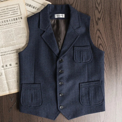 Men Vest Brown Herringbone Single Button With Lapel And Pocket Waistcoat For Wedding Banquet Business Casual Work Men Suit Vest