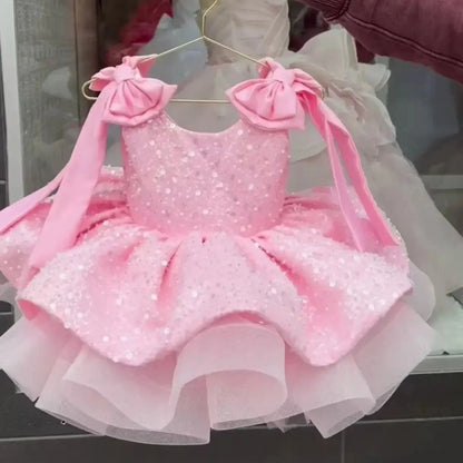 Sparkly Flower Girl Dress, Big Bow & Heart Tulle Ballet Skirt, Princess Gown for Wedding, Birthday Party, First Communion & Ball