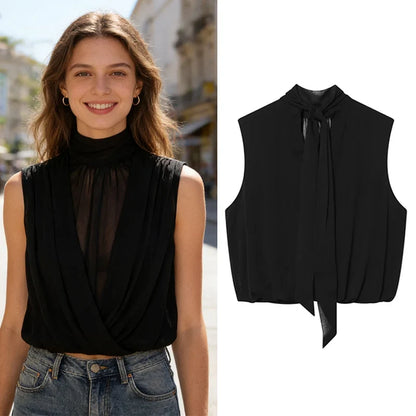 Women's Top 2026 New Spring Summer Fashion Black Sleeveless Pleated Top for Women Casaul Chic Women Top